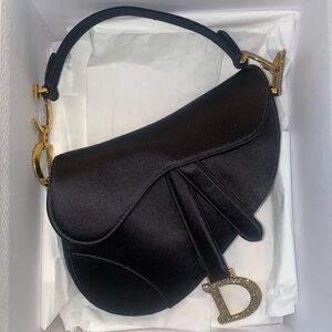 Authentic Christian Dior Black Mini Satin Saddle Bag with Crystals